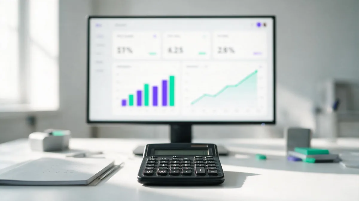 Calculadora sobre a mesa com um dashboard de métricas na tela ao fundo, usados para calcular o CAC