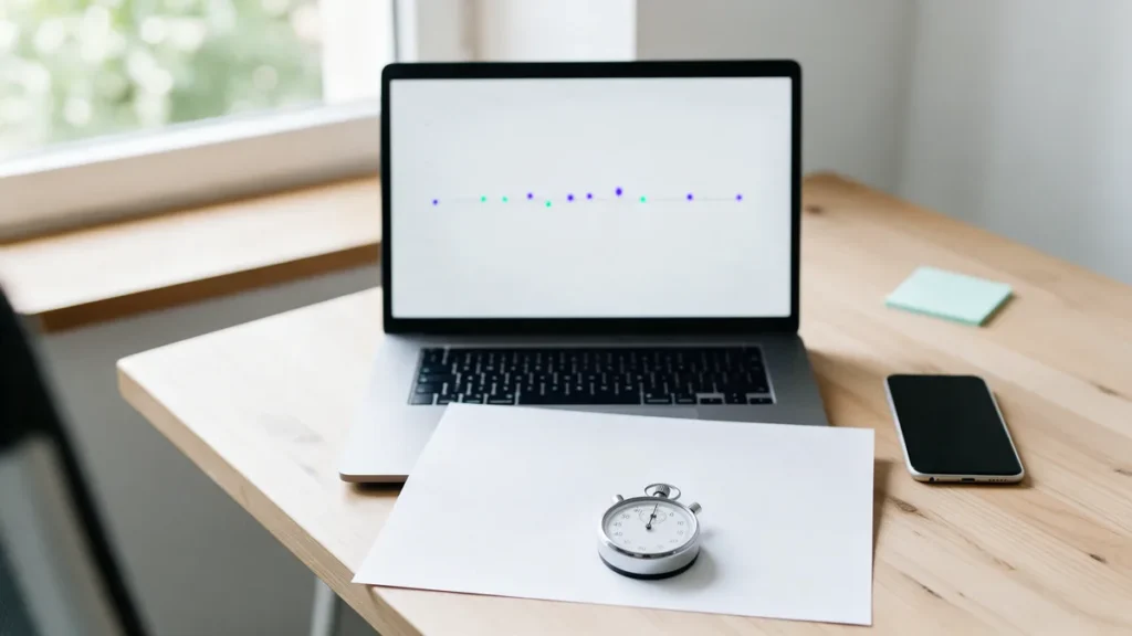 Mesa de trabalho com cronômetro e notebook mostrando linha do tempo de uma conversa de atendimento automatizado