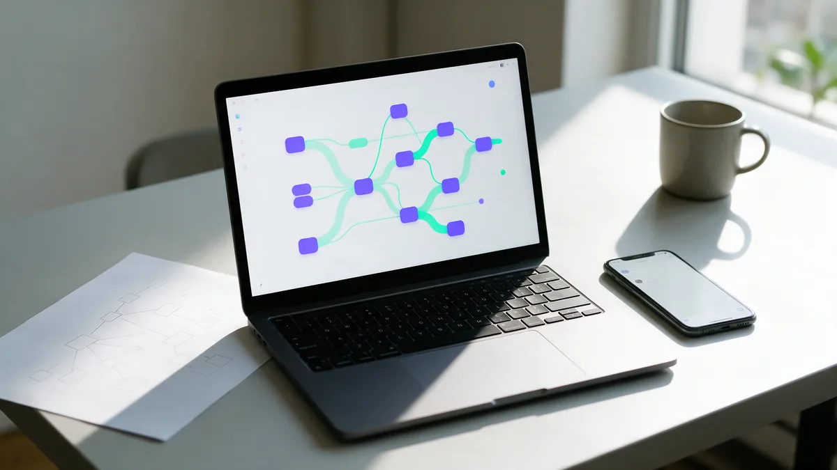Mesa de trabalho com notebook mostrando fluxo de automação de WhatsApp e celular ao lado
