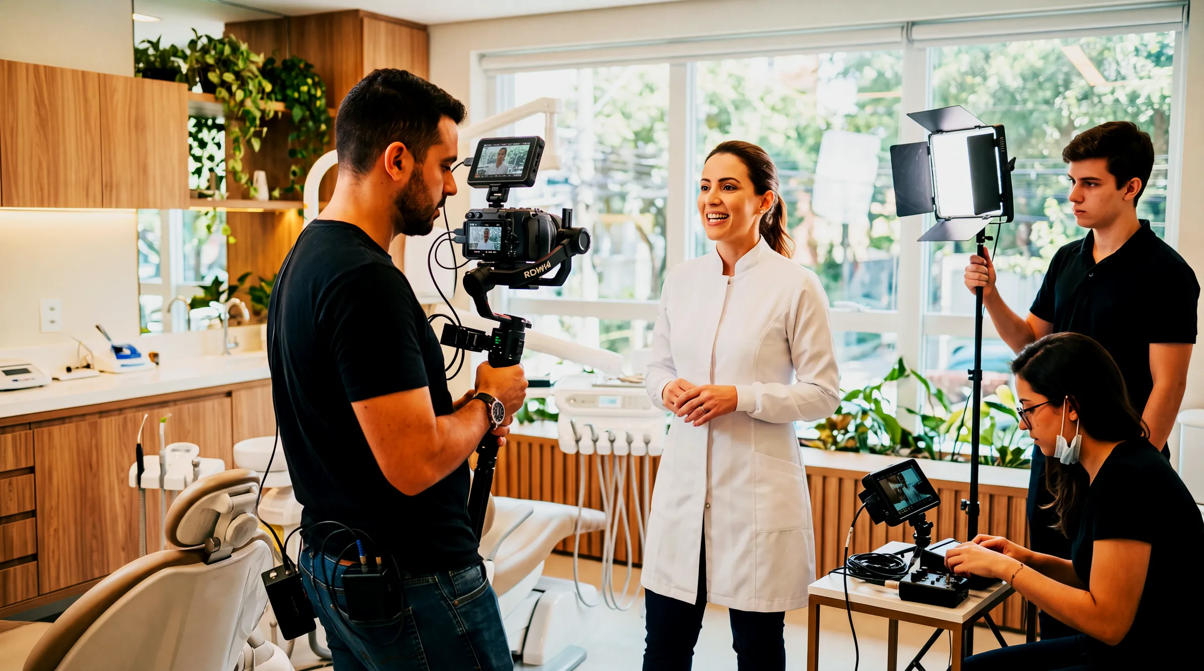 Equipe de captação gravando uma dentista em seu consultório, com câmera no gimbal e iluminação