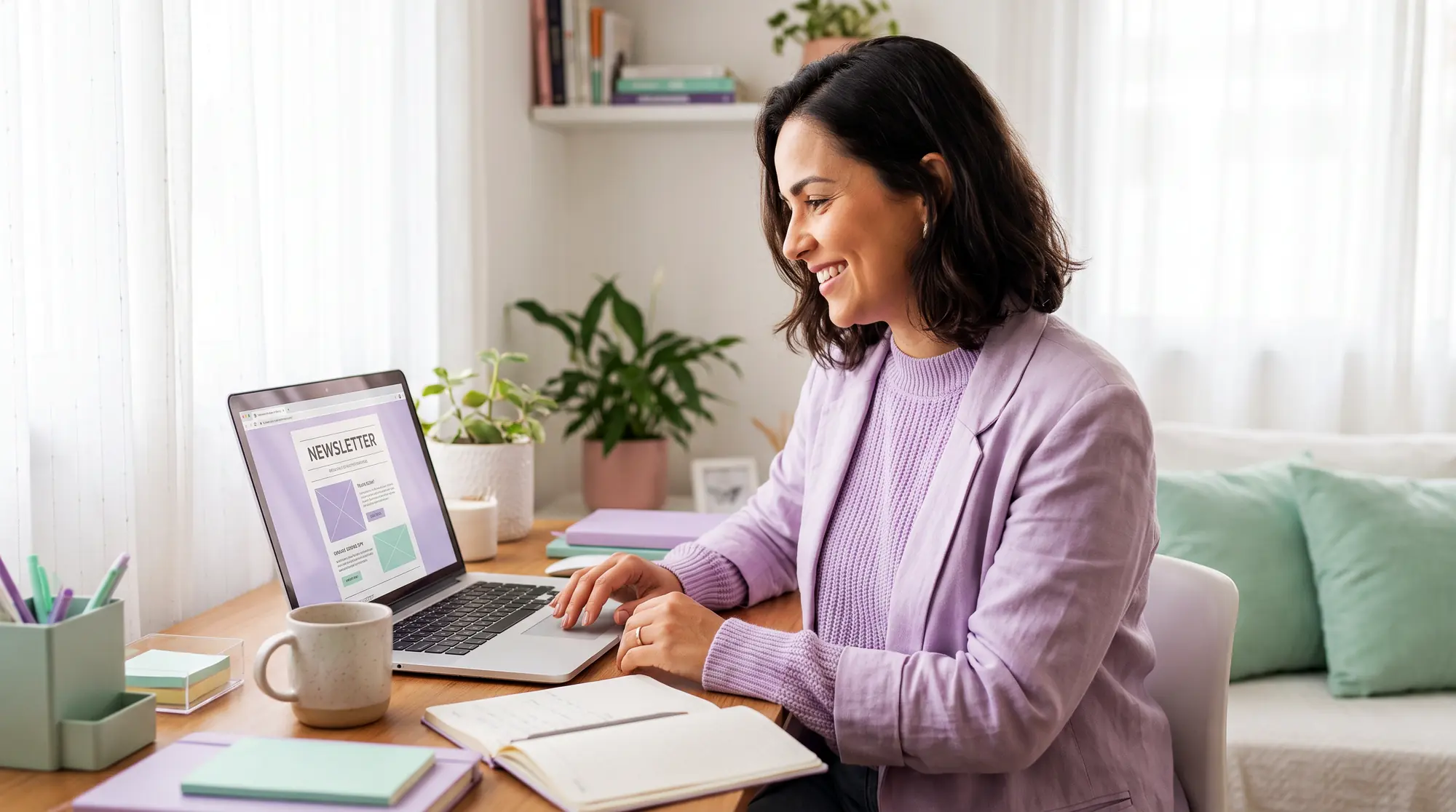 Mulher sorrindo enquanto lê uma newsletter no notebook em um escritório claro
