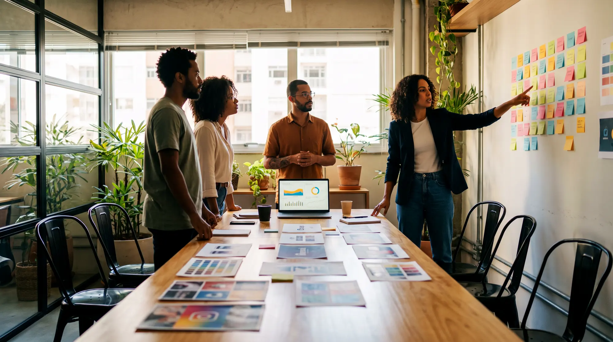 Equipe reunida em mesa de trabalho com materiais impressos e post-its na parede durante planejamento