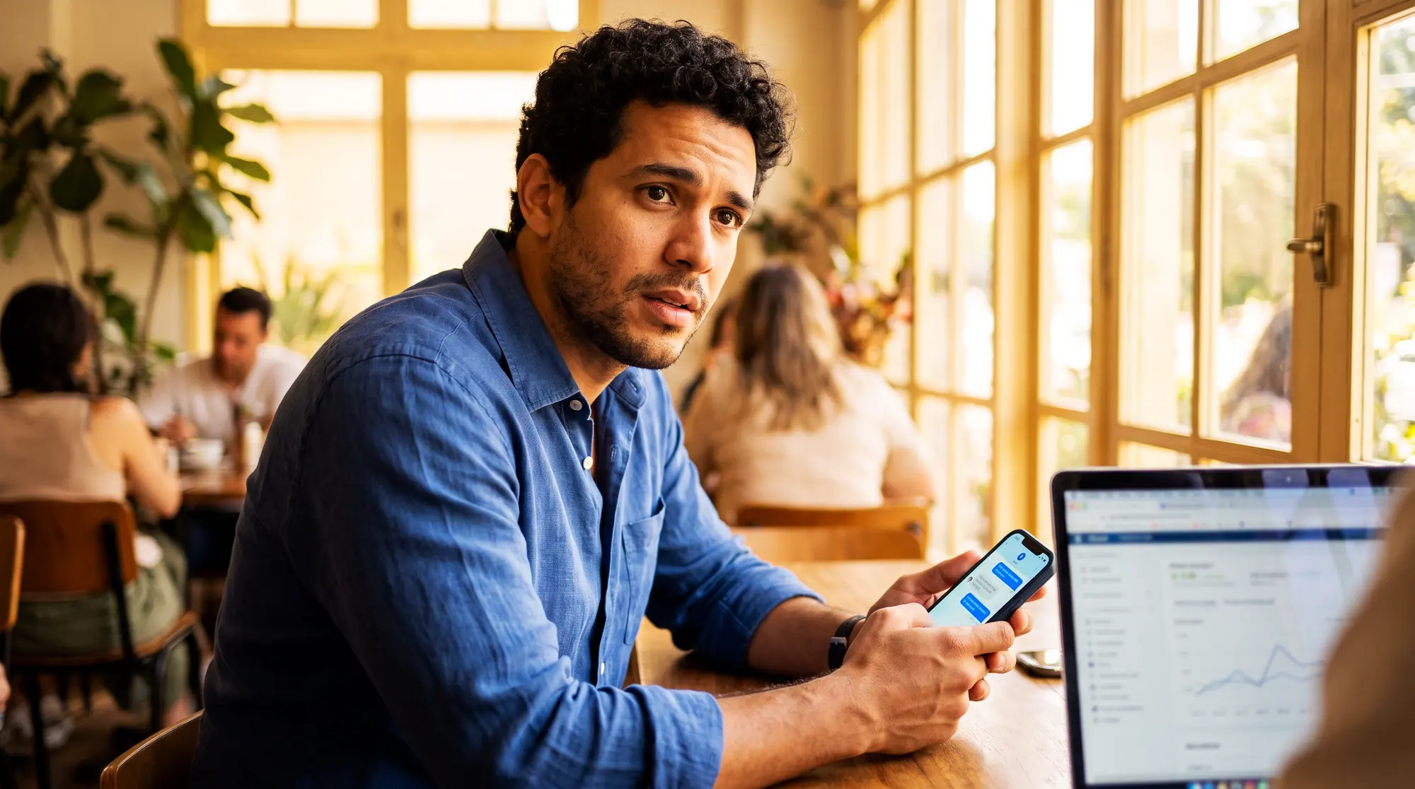 Homem consultando o celular em um café com o notebook aberto ao lado
