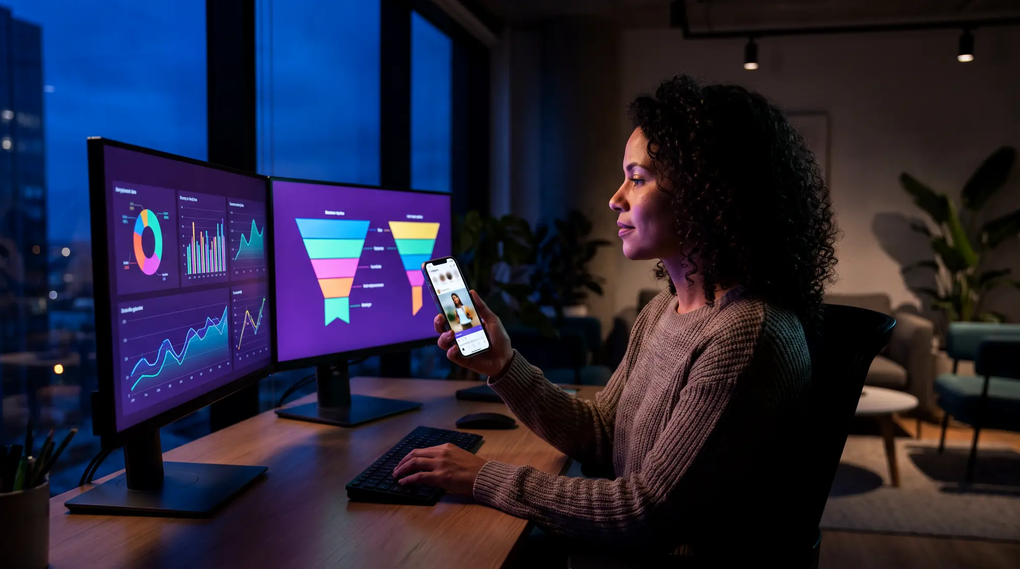 Profissional analisando dashboards de campanhas e funil de conversão em dois monitores e no celular