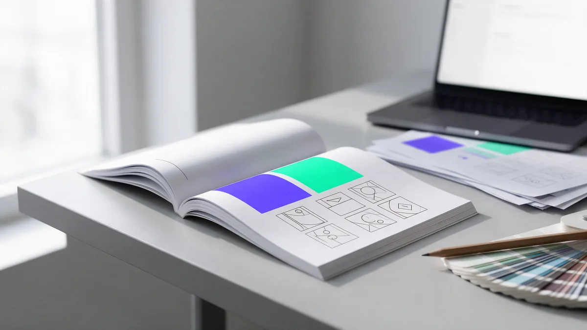 Manual de marca impresso aberto sobre mesa de designer, com paleta de cores e diagramas de área de respiro do logo
