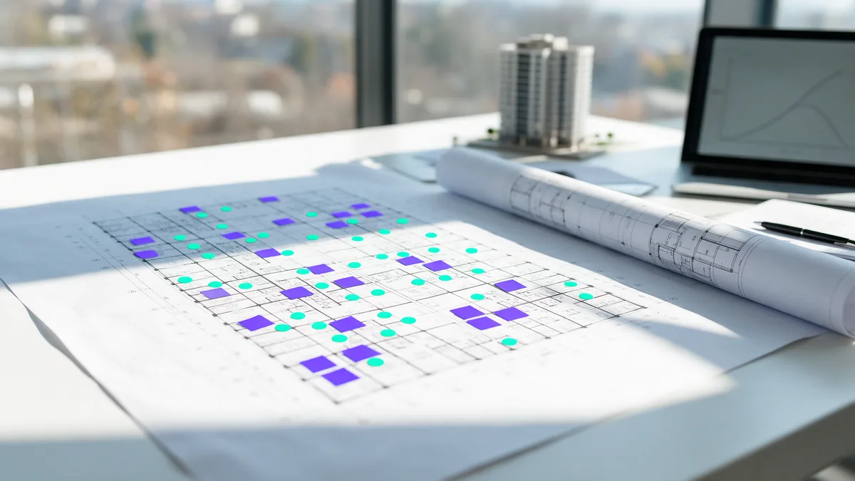 Mesa de planejamento de marketing para construtora com espelho de vendas, planta do empreendimento e maquete de torre residencial