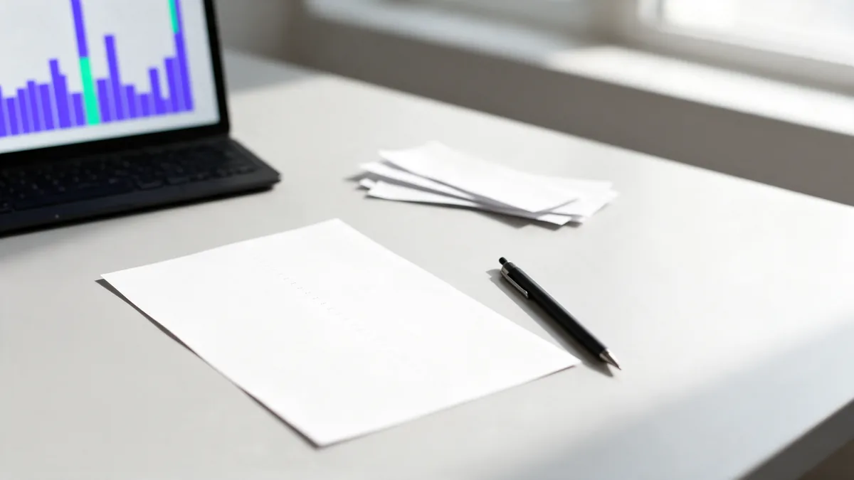 Relatório de vendas impresso sobre mesa cinza clara ao lado de notebook com gráfico de barras desiguais, ilustrando o que é ticket médio e a distribuição por trás da média