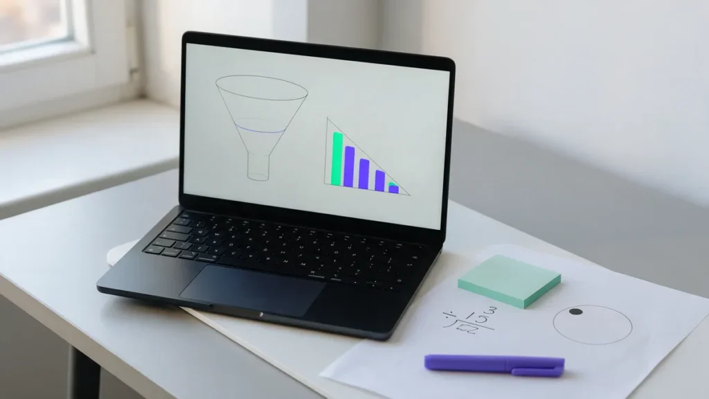 Notebook com painel de métricas e folha com o cálculo da taxa de conversão de um site