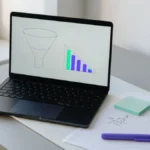Notebook com painel de métricas e folha com o cálculo da taxa de conversão de um site