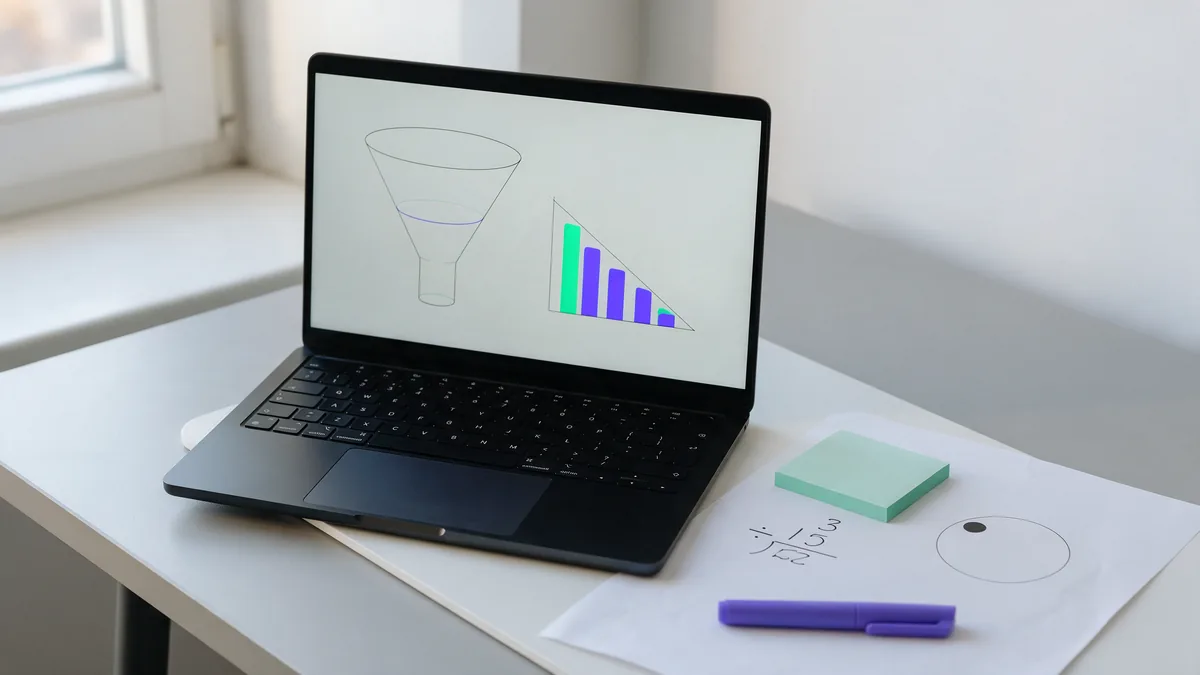 Notebook com painel de métricas e folha com o cálculo da taxa de conversão de um site